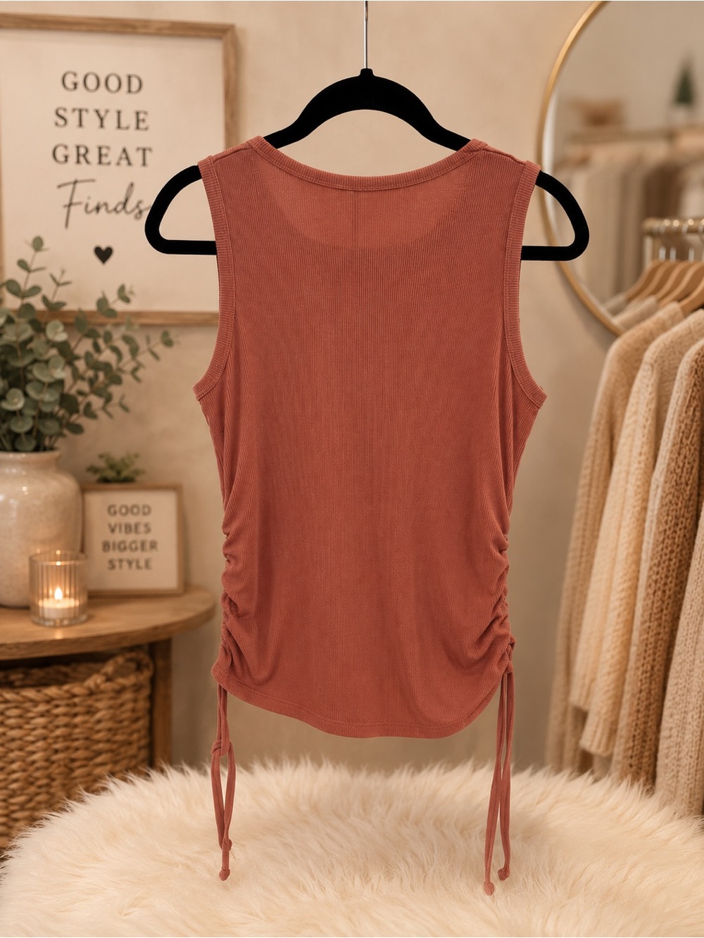 Rust Ribbed Tank with Side Drawstring Detail - Picture 2 of 2